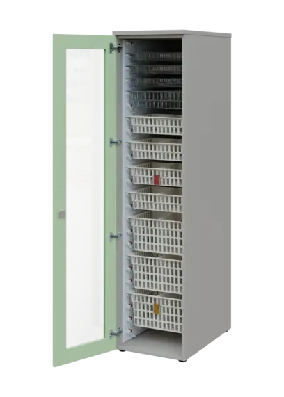 EUROMEDICA S - 46 skříň léková boxová, 1-dveřová/prosklená, levá, 1950x460x735, korpus šedý, dvířka šedo-zelinkavá